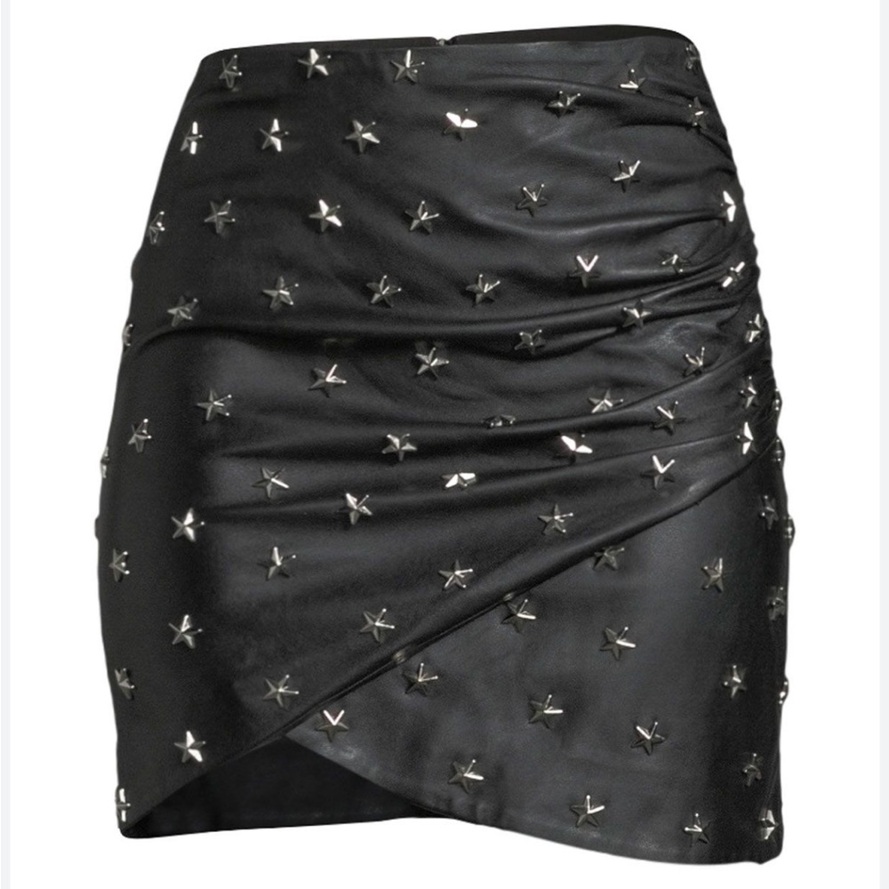 ALICE+OLIVIA WOMEN'S FIDELA STUD DRAPE LEATHER MINI SKIRT IN BLACK SILVER